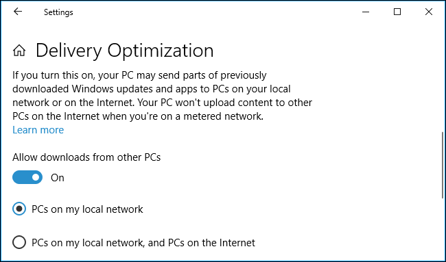 Параметры доставки обновлений - отключение загрузки другим ПК через Интернет