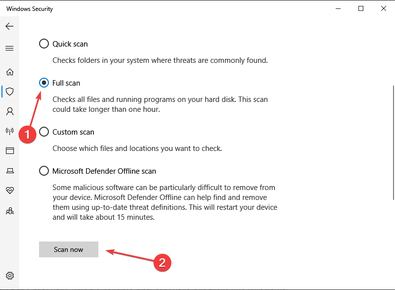 Запуск полной проверки в Защите от вирусов и угроз