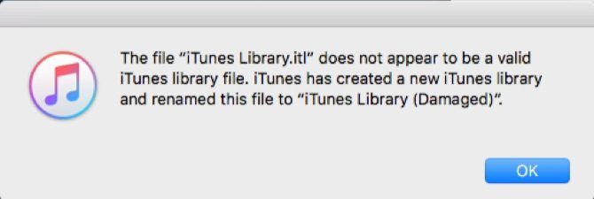 Диалоговая ошибка iTunes при повреждённой библиотеке