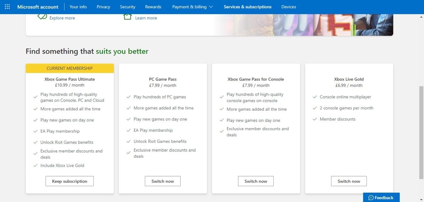 Скриншот доступных планов Xbox Game Pass в аккаунте Microsoft с опцией «Переключиться сейчас»