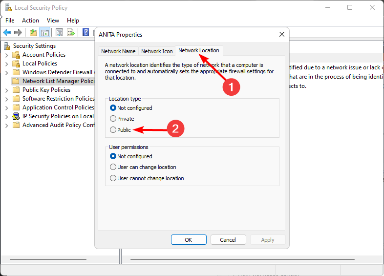 Вкладка Тип местоположения — установка Частный или Публичный