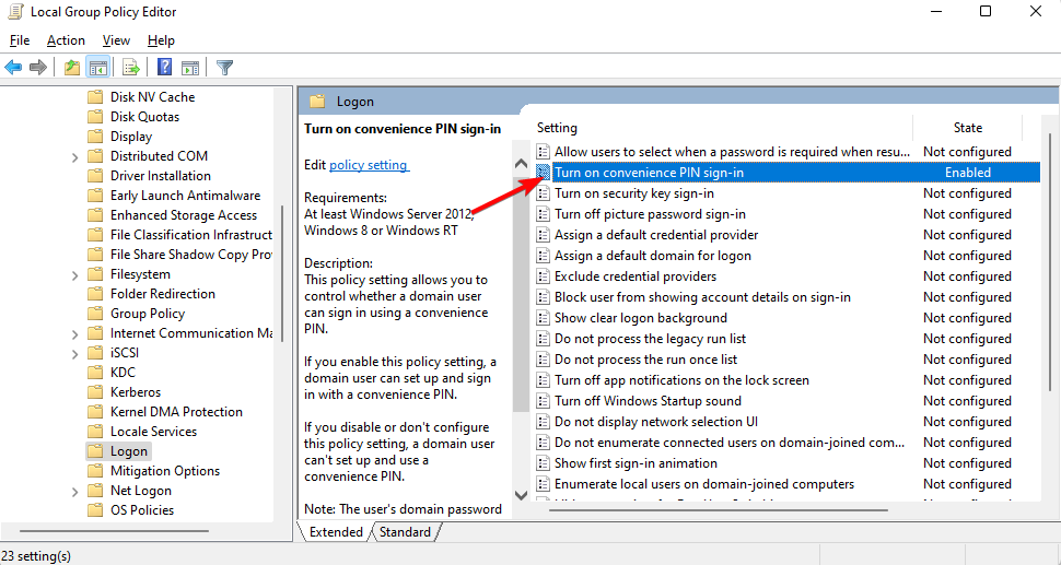 Политика Включить вход по удобному PIN в редакторе групповой политики