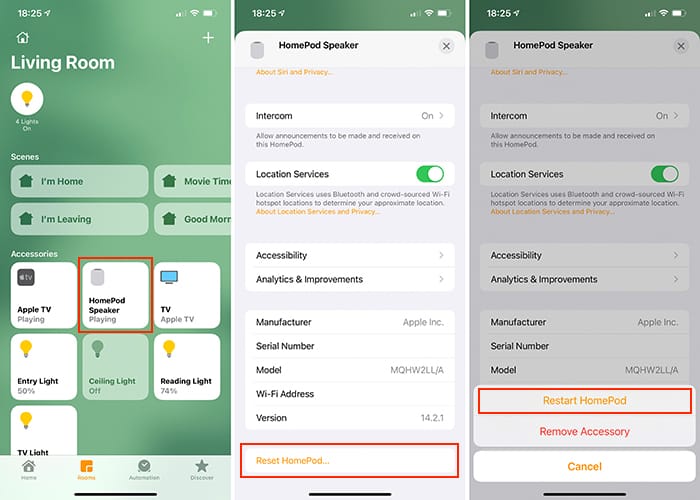 Перезапуск HomePod через приложение Дом на iOS