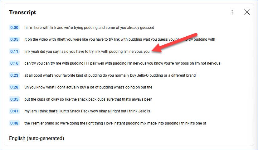 Окно транскрипта видео на YouTube с временными метками и текстом.