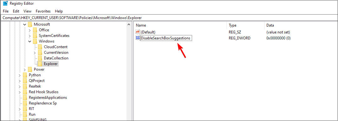 Переименование DWORD в DisableSearchBoxSuggestions