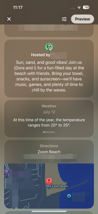 Просмотр деталей мероприятия в приложении Invites на iPhone.