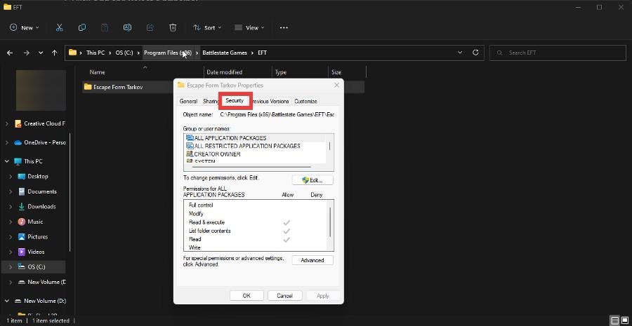 Вкладка Безопасность в свойствах папки