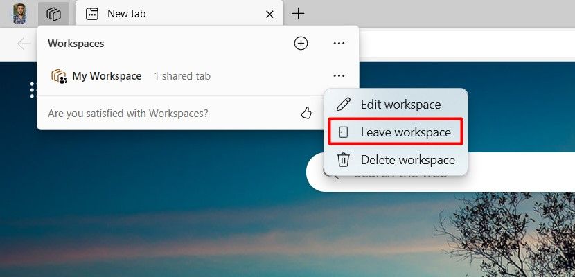 Опция Leave Workspace через меню с тремя точками.