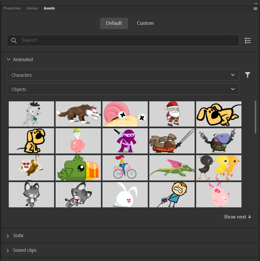 Библиотека стандартных ассетов и персонажей в Adobe Animate