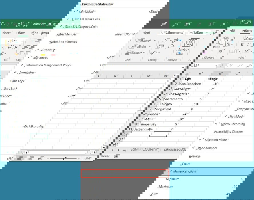 Опция Numerical Count в строке состояния Excel