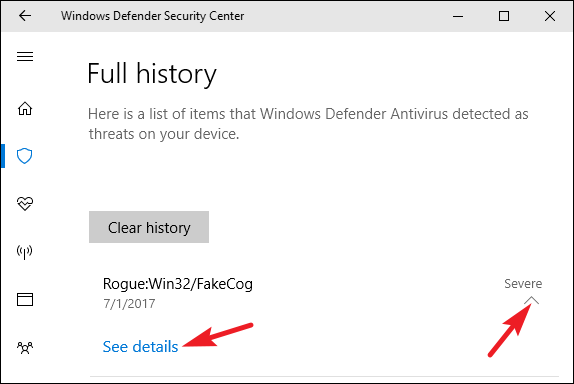 Подробная информация об объекте в карантине Windows Defender