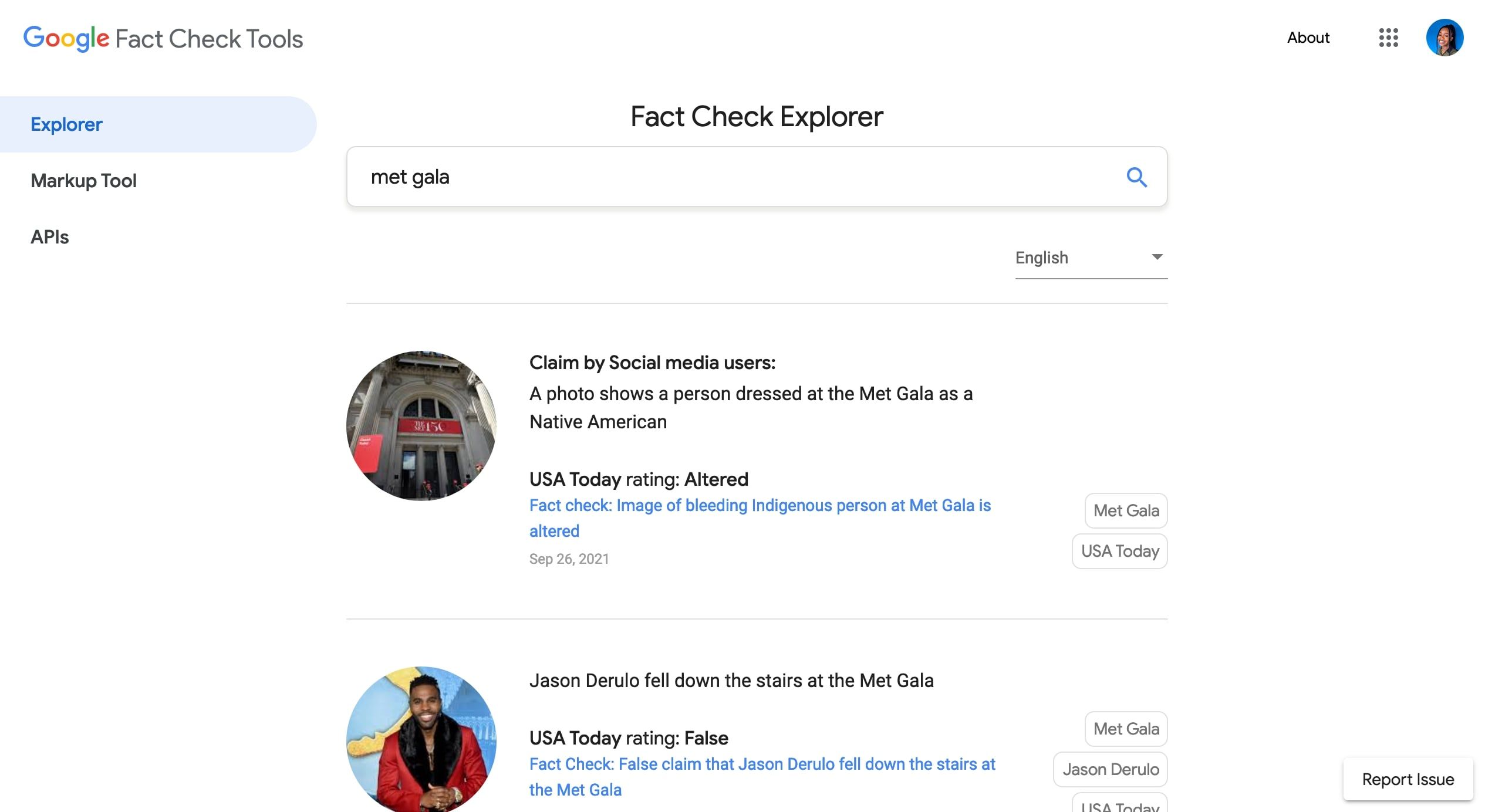 Скриншот Fact Check Explorer с поиском по «Met Gala» и результатами