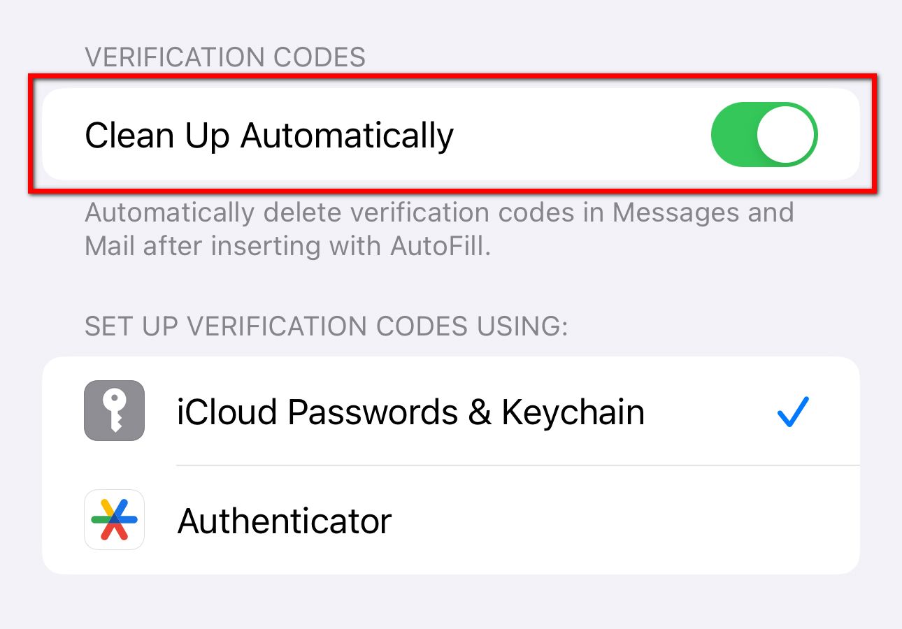 Переключатель iOS для автоматической очистки кодов подтверждения
