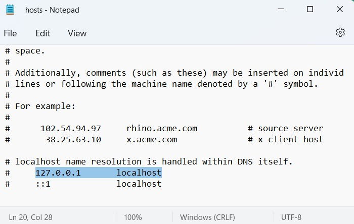Выделение строки 127.0.0.1 localhost для копирования