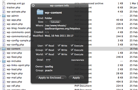 Сообщение об ошибке прав на wp-content