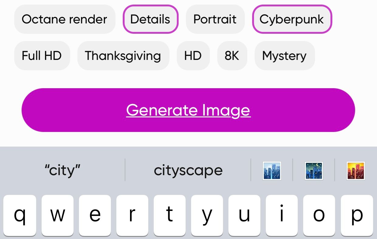 Фиолетовая кнопка «Сгенерировать изображение» в интерфейсе Picsart