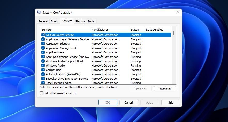 Вкладка «Службы» в msconfig