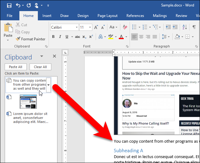 Вставка текста из Блокнота через панель Буфера обмена в документ Word