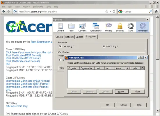Диалог импорта CRL в Firefox