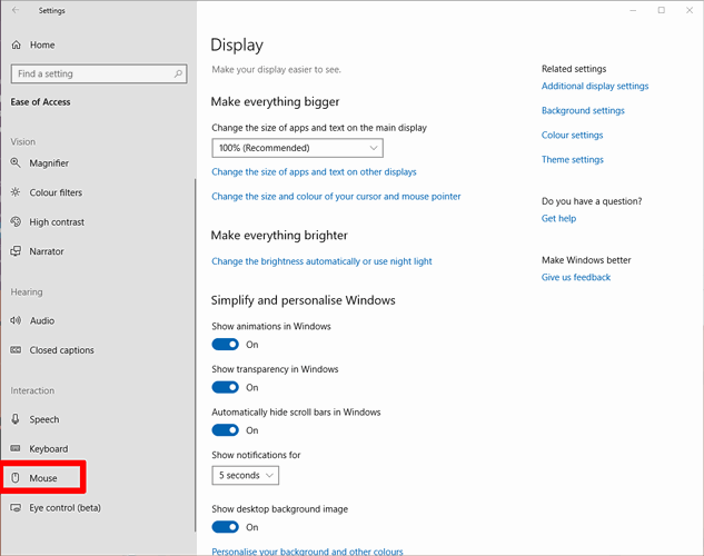 Параметры Специальных возможностей: включение Клавиш мыши