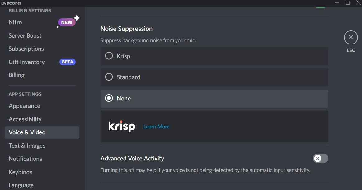 Отключение функции Krisp в настройках Discord