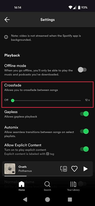 Ползунок Crossfade в приложении Spotify на Android