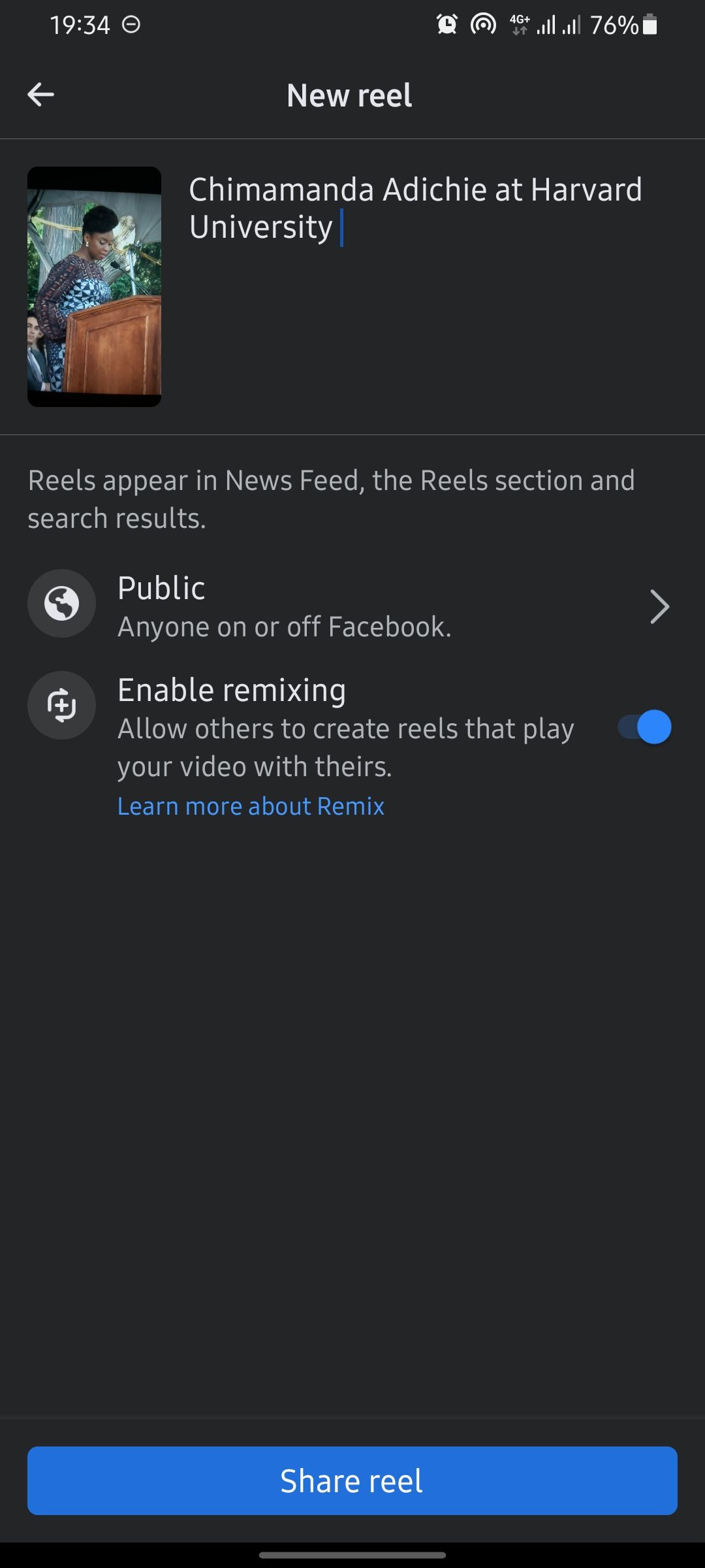 Страница публикации Reel на Facebook