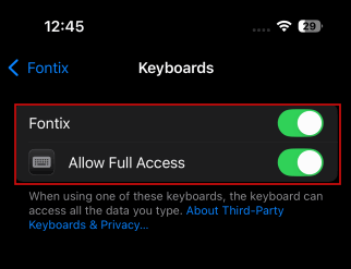 Включение опций в настройках Fontix на iPhone
