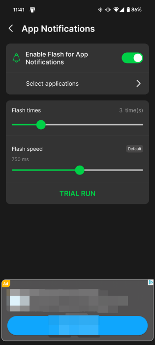 Настройка параметров вспышки в Flash Alert & LED Flashlight