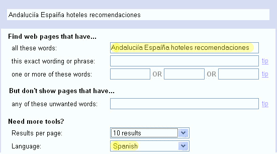 Пример расширенного поиска с ограничением по языку и региону