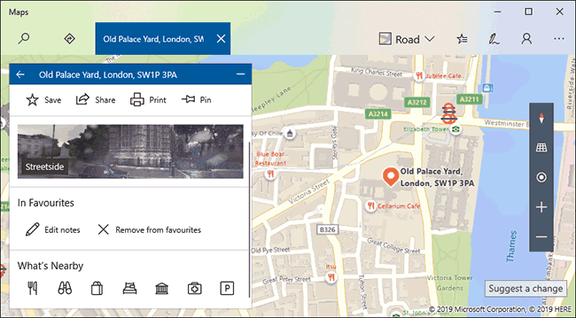 Пример карточки сохранённого места в Windows 10 Maps