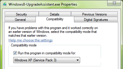 Capture d'écran de la fenêtre Compatibilité montrant le mode Windows XP SP3