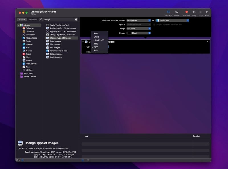 Выбор формата конверсии в Automator