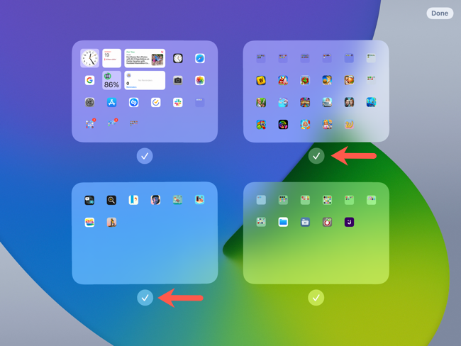 Представление всех экранов с галочками для отображения
