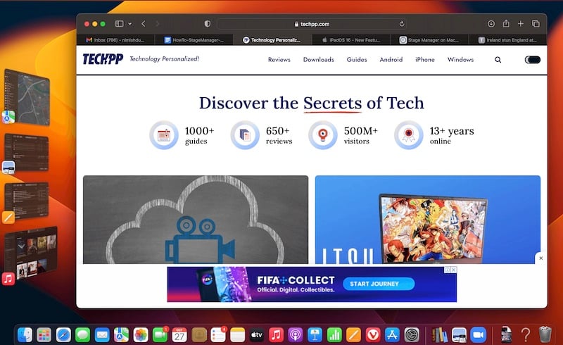 Схема расположения активного приложения в центре и миниатюр слева в Stage Manager на Mac