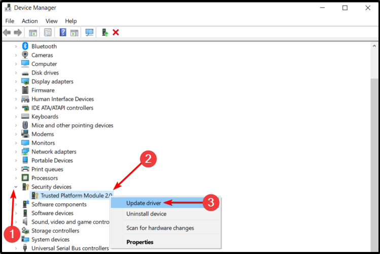 Диспетчер устройств — обновление драйвера TPM