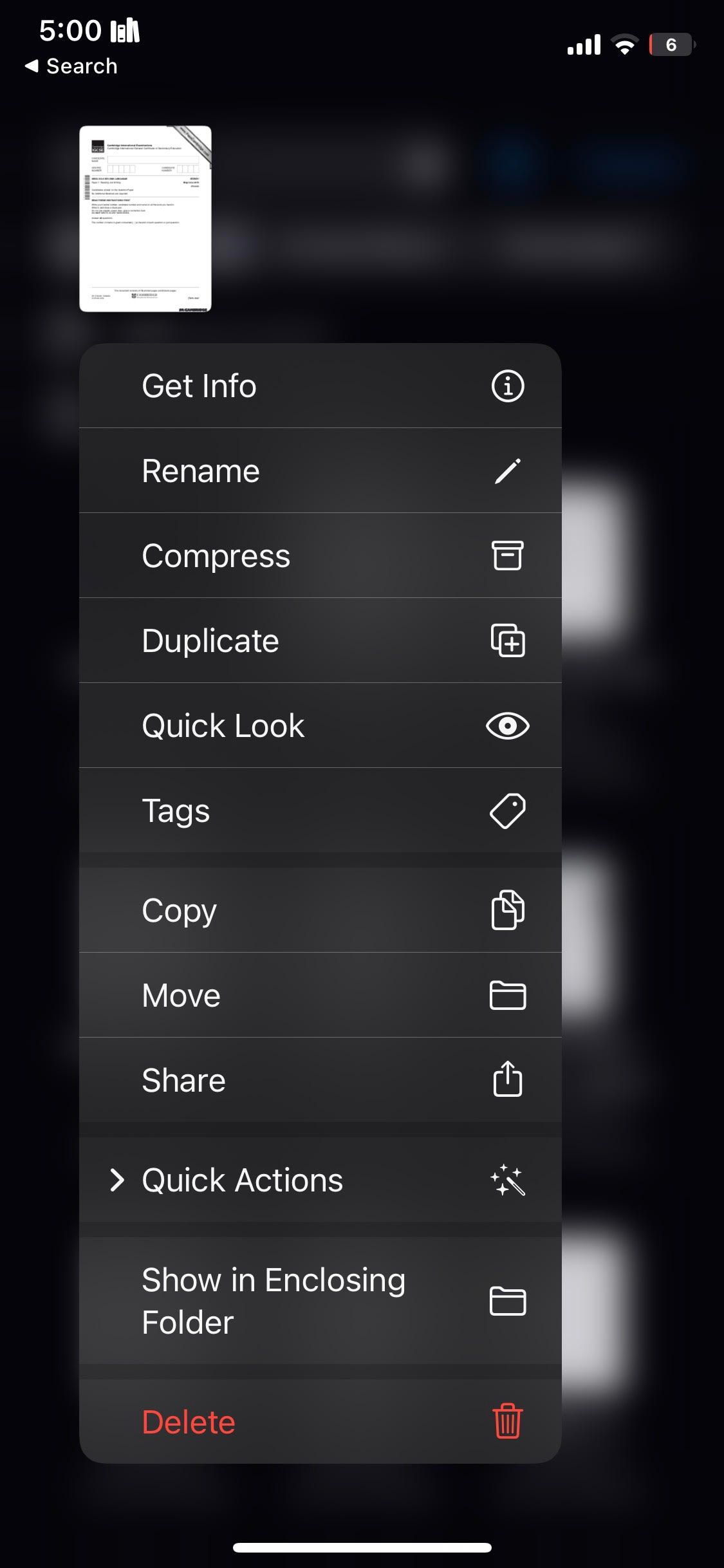 Контекстное меню после долгого нажатия на файл