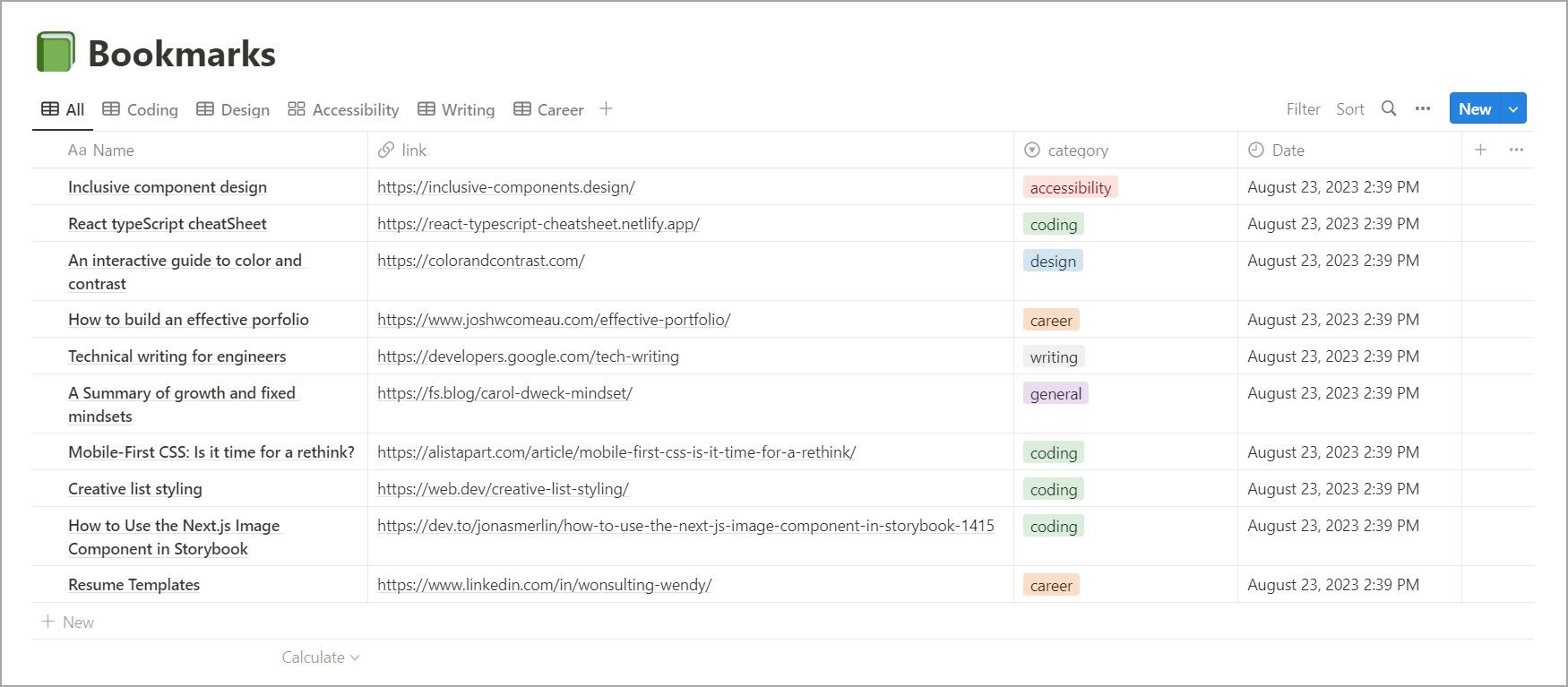 Таблица ссылок в Notion