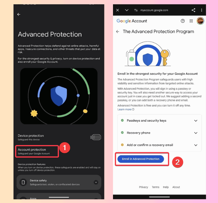 Регистрация в программе Advanced Protection Google — экран подтверждения