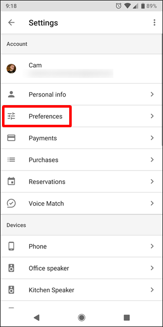 Предпочтения (Preferences) в настройках Google Assistant