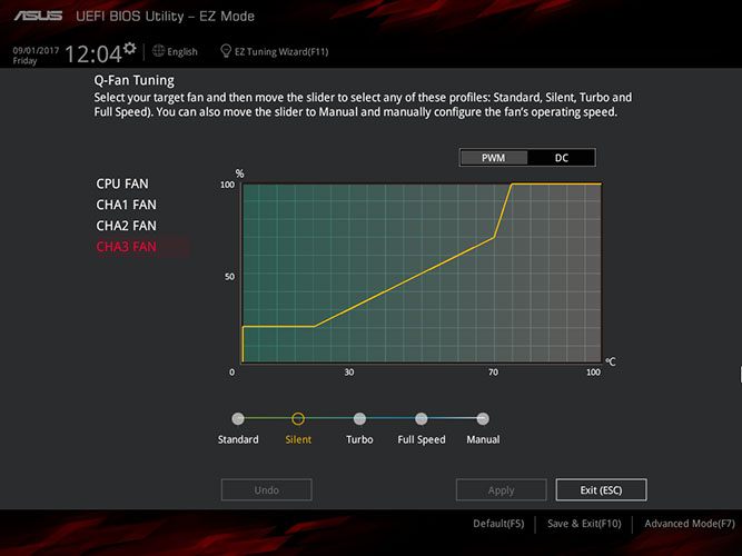 ASUS BIOS에서 PWM/DC 모드 선택 및 팬 속도 그래프를 편집하는 화면 예시 이미지