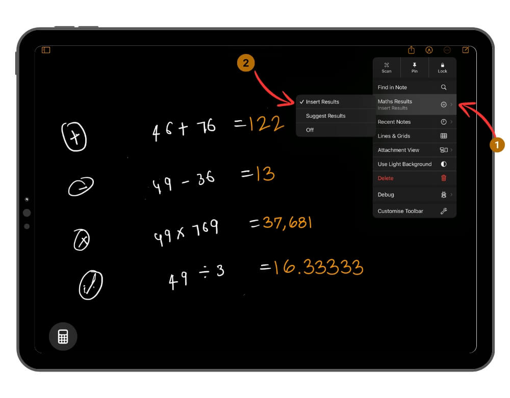 Настройки результатов Math Notes