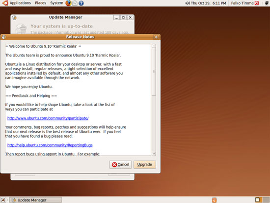 Окно с примечаниями к выпуску Ubuntu 9.10
