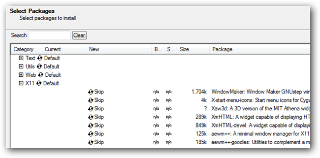 Список доступных пакетов Cygwin в установщике