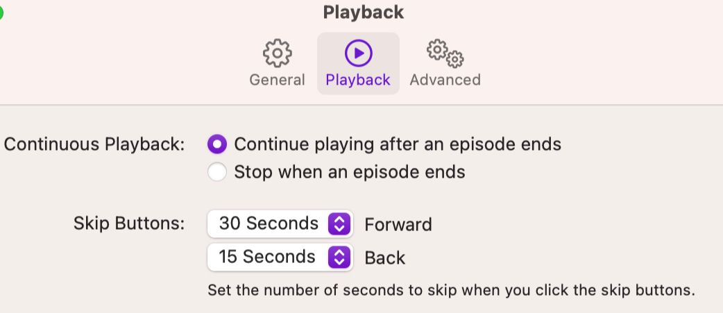 Playback screen in the Podcasts settings