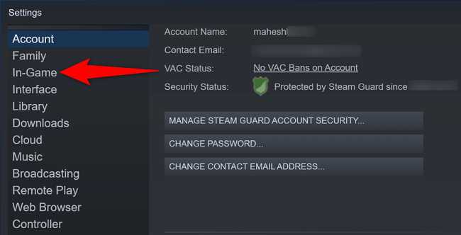 Выберите In-Game в левой панели окна настроек.