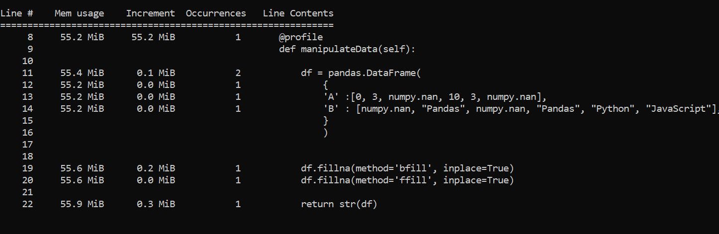 Code output for line-by-line memory profiling