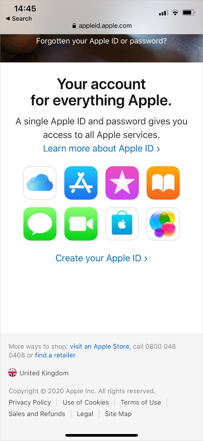 Кнопка Создать Apple ID на сайте Apple