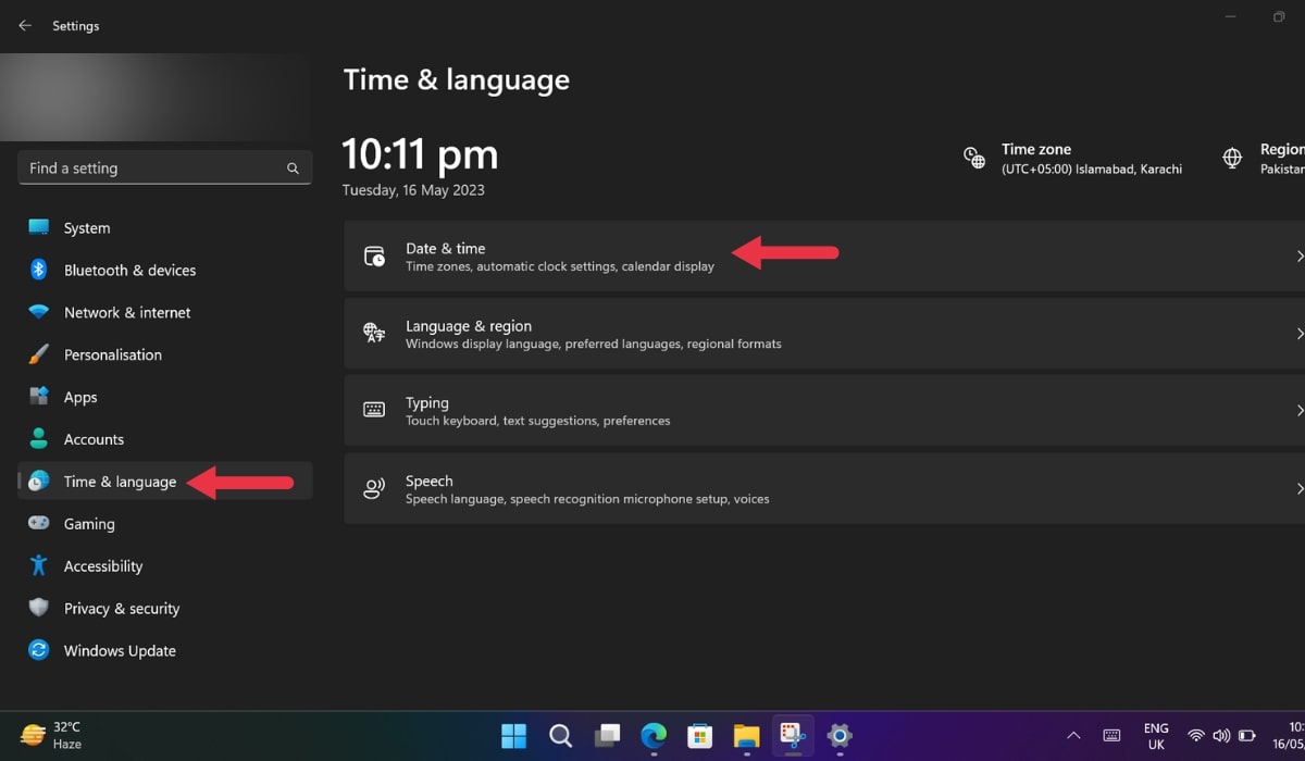 Переход к Дата и время в настройках Время и язык