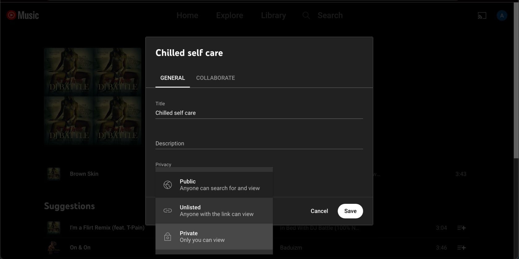 Окно настроек приватности плейлиста YouTube Music на рабочем столе